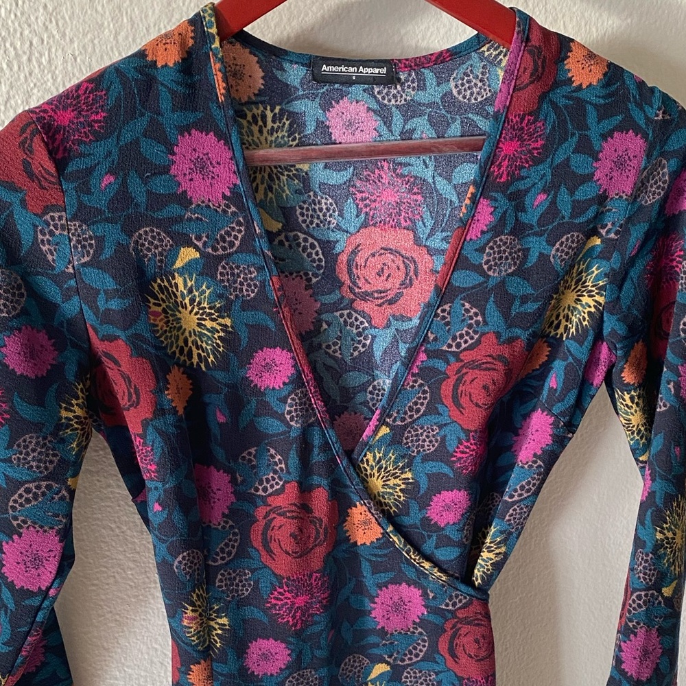 American Apparel Julliard Floral Wrap Dress Slit Leg 3/4 Sleeve Size Small